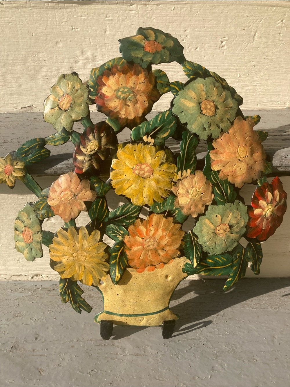 Vintage Hand Painted Flower Basket Tin Cut Out Folk Art